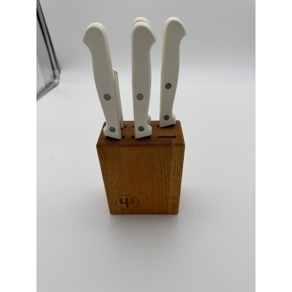 Wusthof 6 Piece Steak Knife Set White Handles with Oak Wood Storage Block